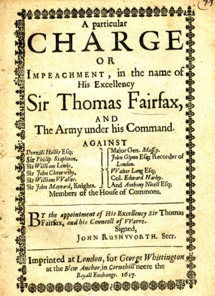 Civil War pamphlet of 1647 showing charges laid by Sir Thomas Fairfax against Sir William Waller. He, with others , is charged with ‘…have frequently assembled, and met together at the Lady Charles Lodgings in White Hall, and in other places, with divers other Persons dis-affected to the State (without any Authority of Parliament) for holding correspondency with the Queene of England now in France…’
