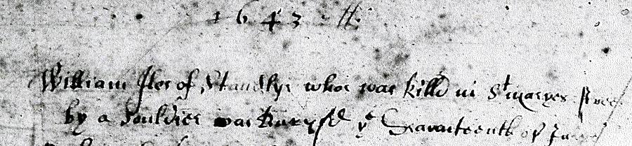 Entry in the parish registers at St. Andrew’s Church, which reads, ‘William Isles who was killed in St. Maryes Street by a souldier was buryed ye Seventeenth of July