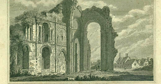 engraved view of Malmesbury Abbey with ruins of central tower