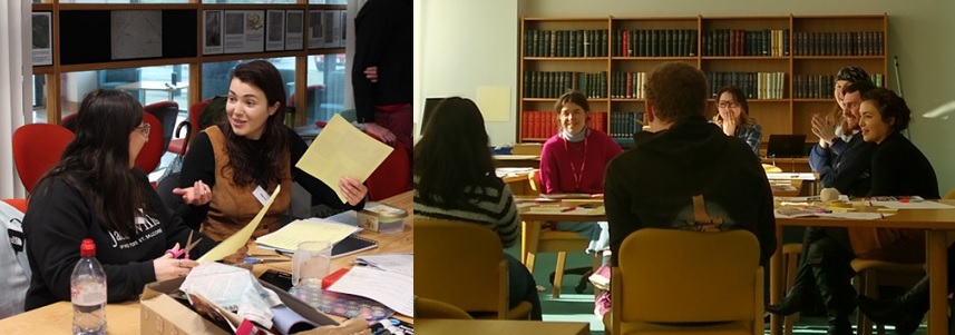 Left: two participants chatting animatedly Right: group discussion around tables filled with documents and creative work