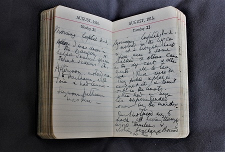 A small handwritten diary is displayed open on a blue cushion