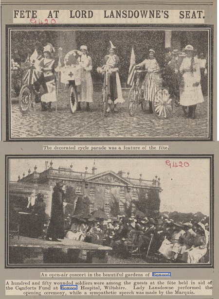 Black and white photographs in newspaper cutting with captions. One shows 5 people in fancy dress stood next to their bicycles, the second shows a crowd seated in front of the house and raised wooden stage with performers.