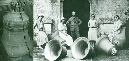 left: image of bell on ground with crack running from top to bottom; right: group (vicar and 5 women in 1920s dresses) stood in front of church door with bells on the ground