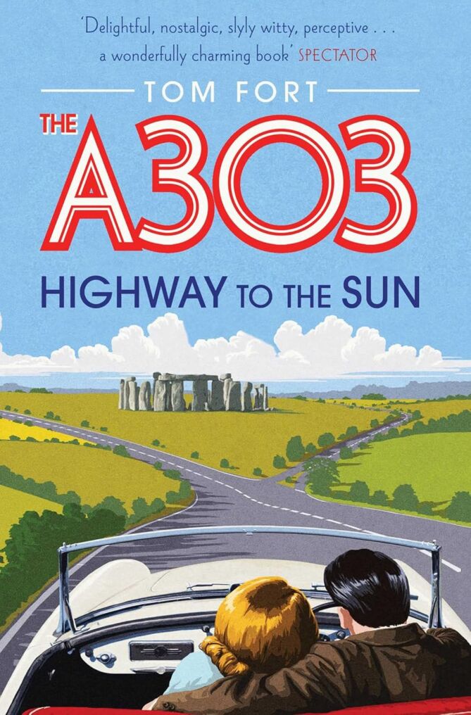 Book cover with artwork showing back of heads of couple in open topped car driving along a road with green fields and Stonehenge towards the centre and the title of the book in red above.