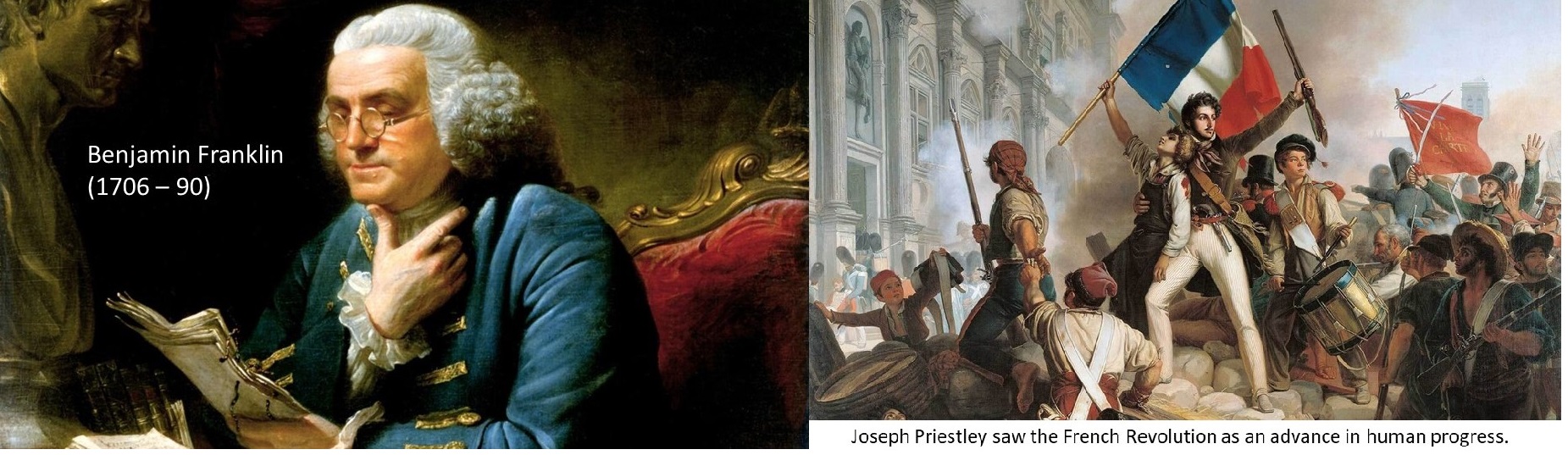 Left: image of man with grey powder wig and blue coat pensively looking at paperwork in his hand. Right: image of riotous crowd holding French flag aloft.
