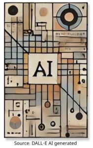Buff coloured illustration with the letters AI in the centre, surrounded by circles and other geometric patterns. Source is DALL-E AI generated
