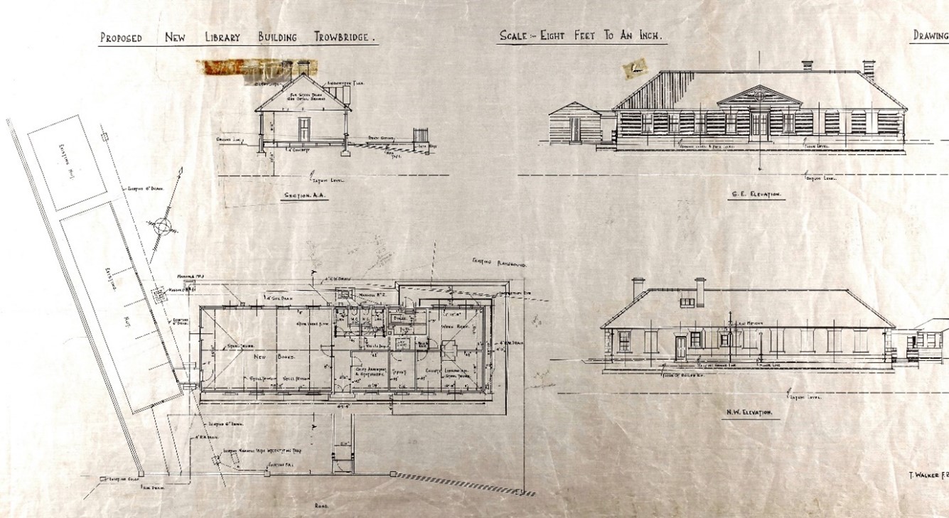 Architectural drawings showing proposed new layout scale eight feet to an inch