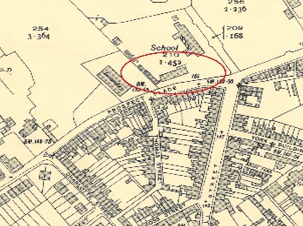 Black and white map with red circle indicating position of extension and hut
