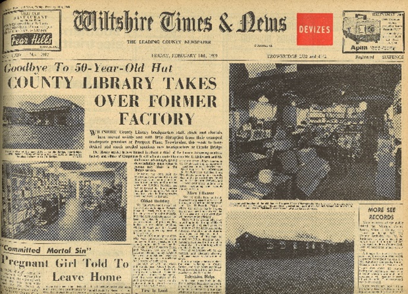 Yellowed newsclipping with headline "County Library takes over former factory"