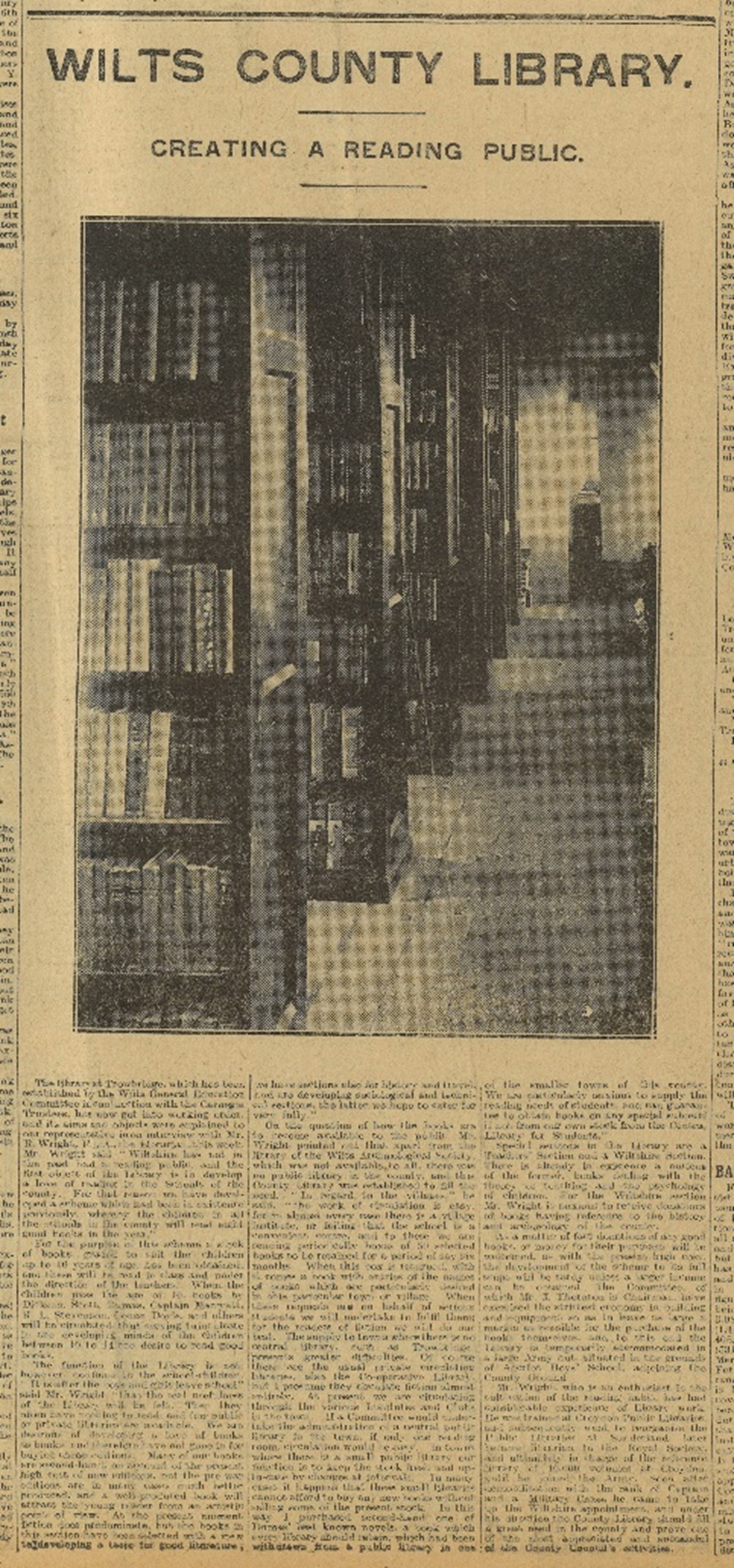 Yellowed newspaper article clipping with headline "Wilts County Library Creating a Reading Public" article text and black and white image of the ends of rows of wooden library shelving.