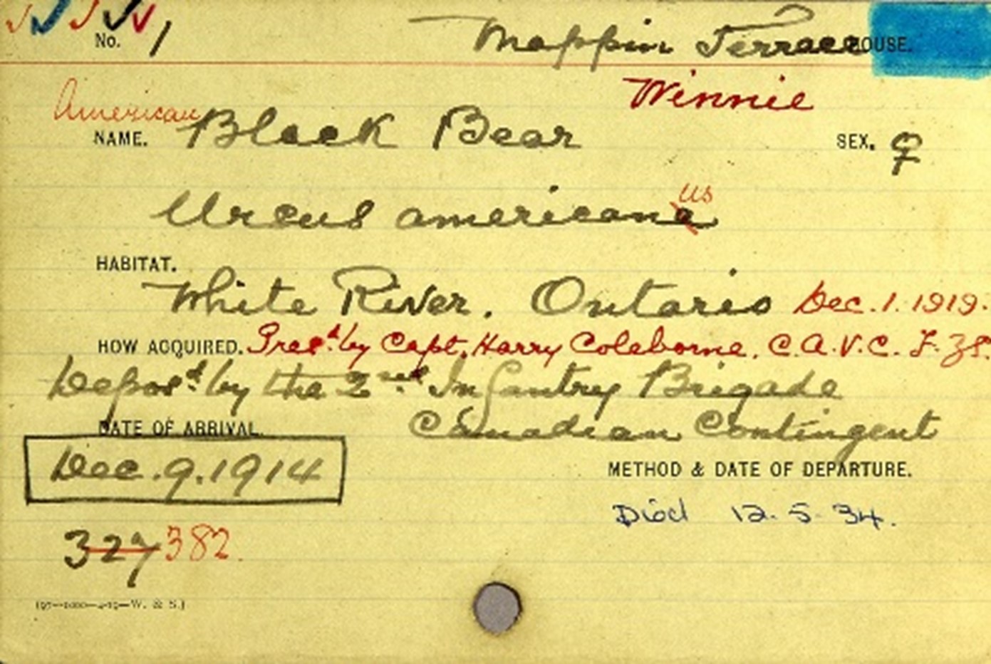 Yellow lined card with handwritten writing in black ink with some annotations in red