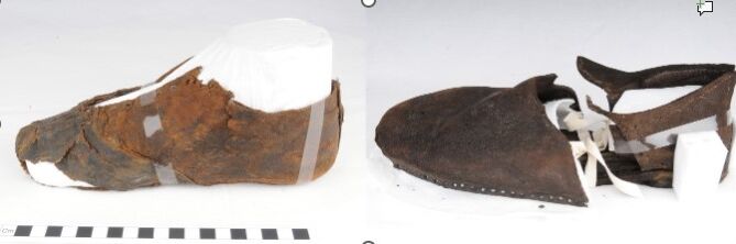 Two images of near complete reconstructed leather shoes.