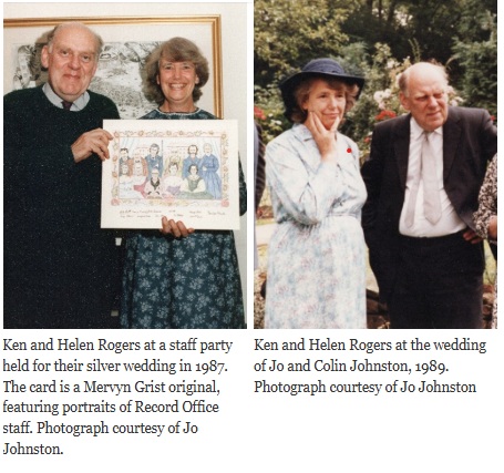 Left: smiling man and woman stood holding illustrated card. Right: Man in suit stood to left of women in pale, patterned dress and hat