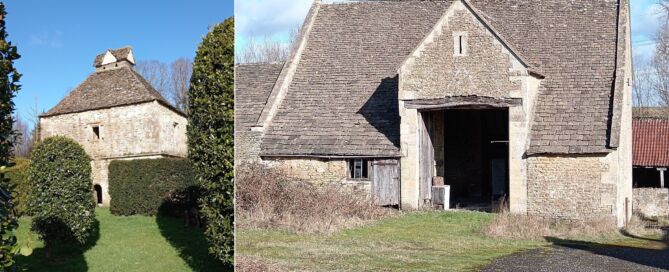 Left: A small stone building with small door and small central window, and small triangular prism addition at top of the roof, with various clipped hedges in the foreground. Right: Tithe barn building with large and low roof, single large entrance opening with wooden lintel.