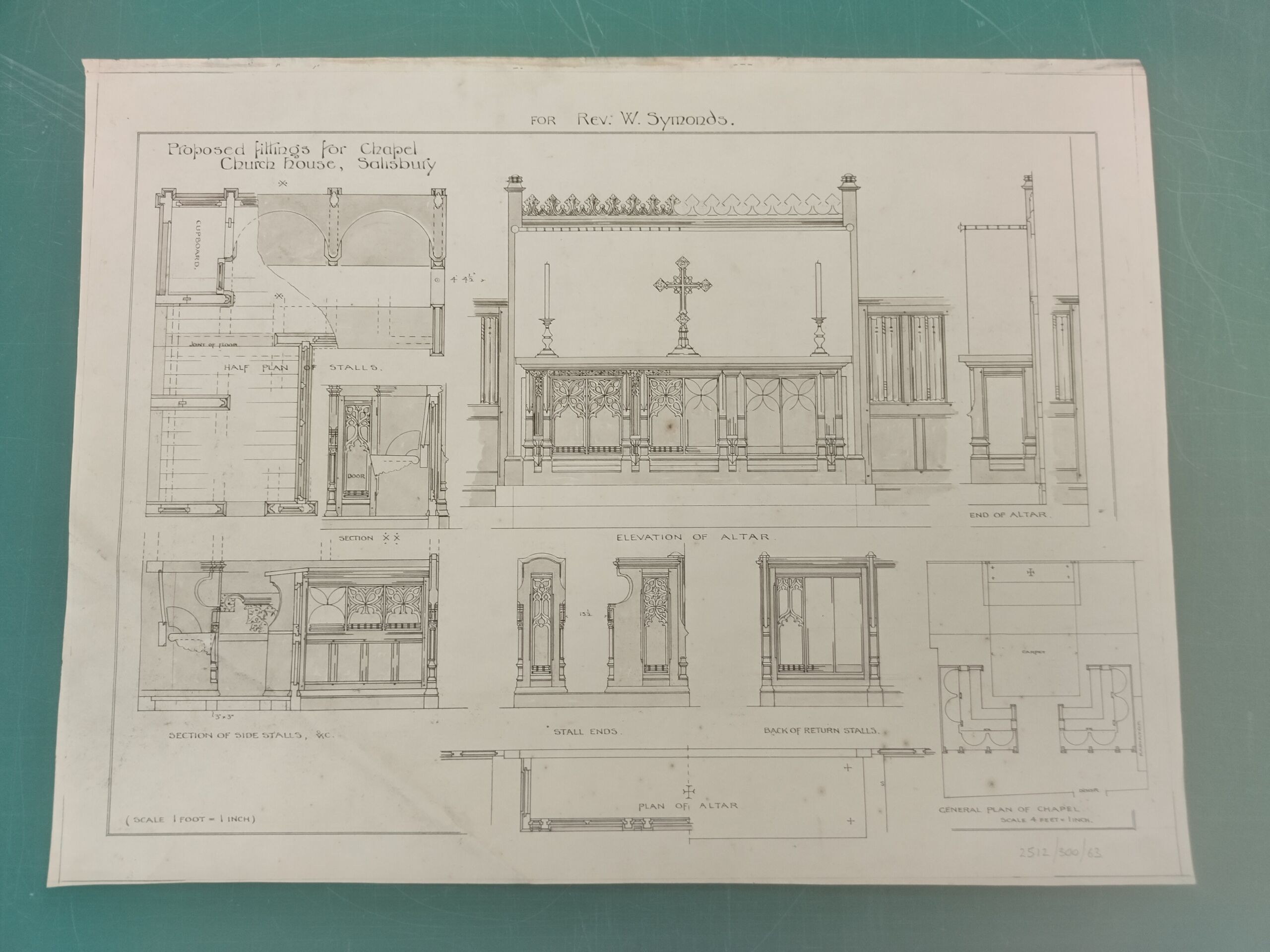 Plans and sketches of stall floor plan and elevation of altar with other church fittings on a single large white page.