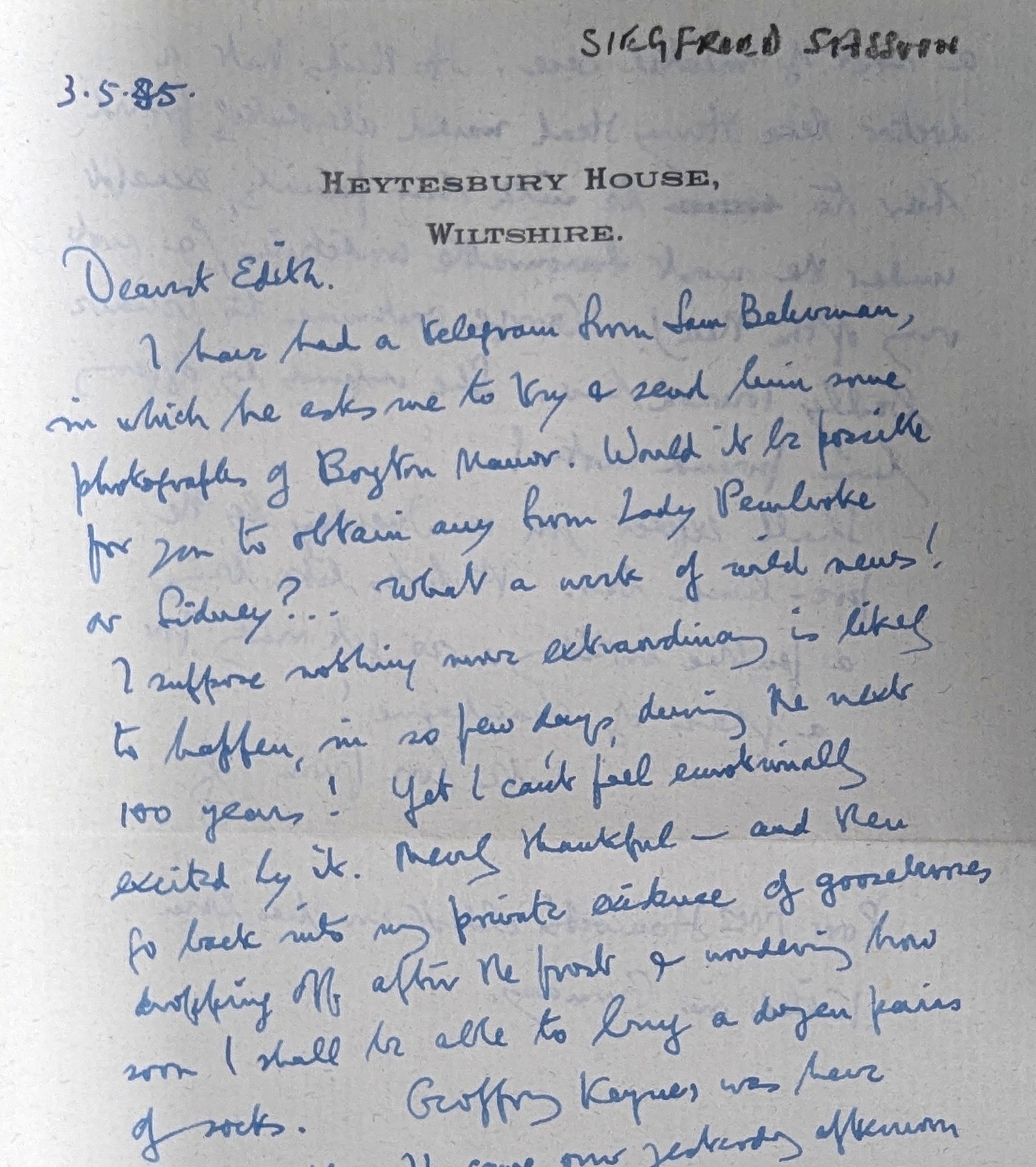 Page of manuscript writing addressed 'Dear Edith'.