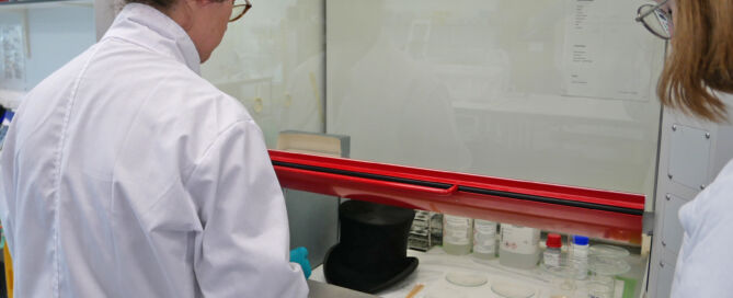 A conservator with dark hair, tied back, wearing glasses and a white lab coat is stood facing into a glass fronted cabinet which has an opening towards the bottom and a black top hat sits next to some petri dishes within the cabinet.