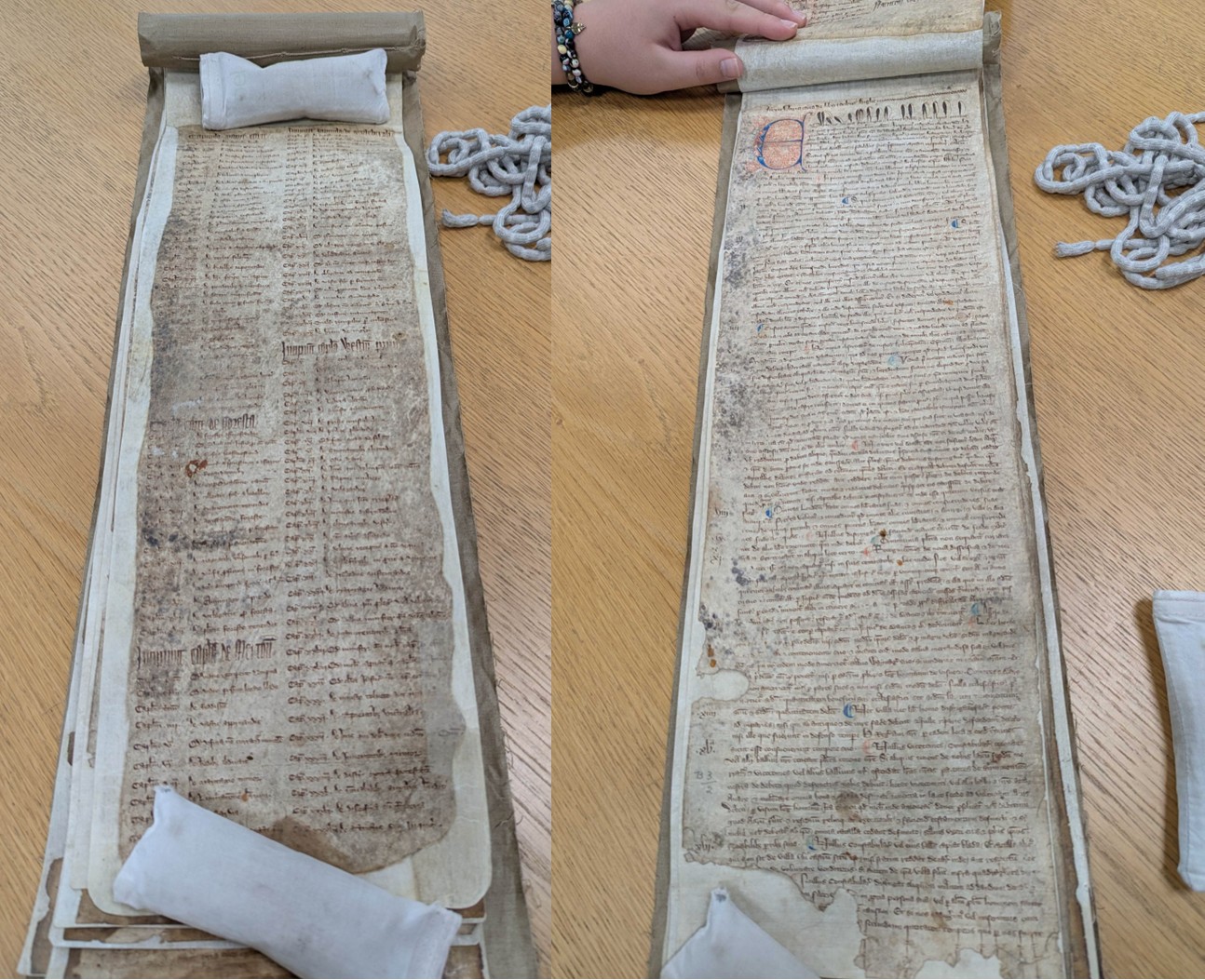 Two images side-by-side showing long thin manuscripts, the left with two columns of written text, the right with a single long text with illuminated blue and red initial at the top.