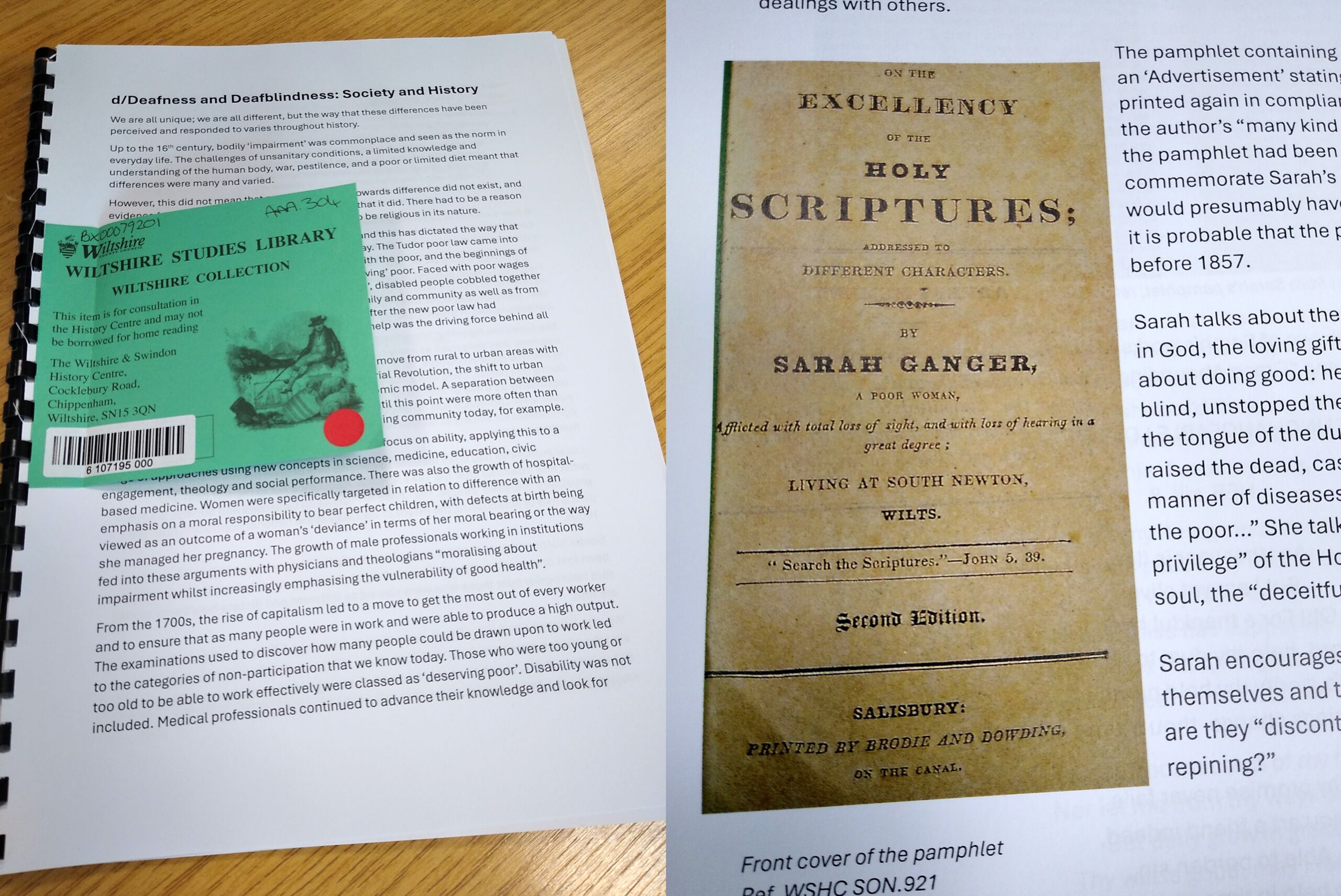 Left: Printed text with library catalogue sticker. Right: Printed text and image of historic printed publication titled "On the Excellency of the Holy Scriptures by Sarah Ganger"