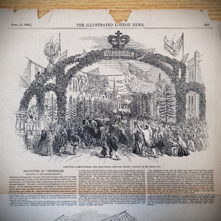 Newspaper cutting with black and white illustration showing crowd of people in street lined with buildings, trees and a foliage clad arbour structure topped with crown and 'Welcome' sign.