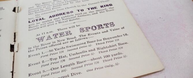 Advertisement for programme of events for coronation including 'Water Sports' in large letters, followed by list of events happening in the River in New Road.