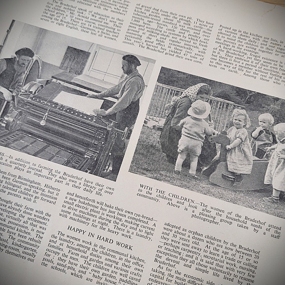 Newspaper article with photographs depicting two men working at a printing press, and an image of a woman dressed with head scarf looking after children playing on a toy horse.