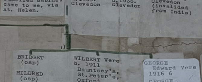 Section of family tree hand-typed entries with hand-drawn lines between people. Focus is on entry for 'Wilbert Vere'.