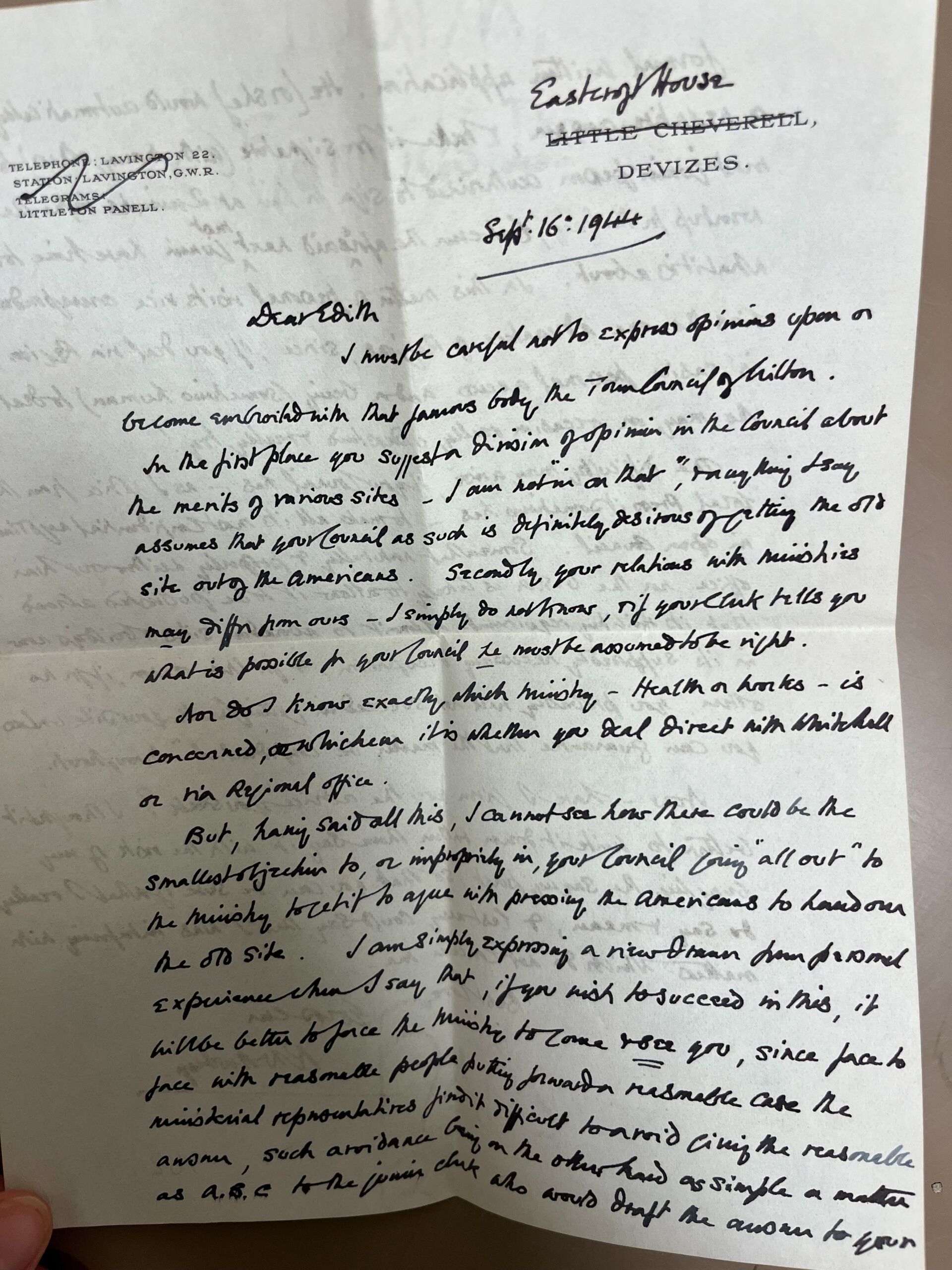 Handwritten letter beginning 'Dear Edith' dated Sept 16th 1944 with the address of Little Cheverell, Devizes (Little Cheverell crossed through and corrected with handwritten annotation