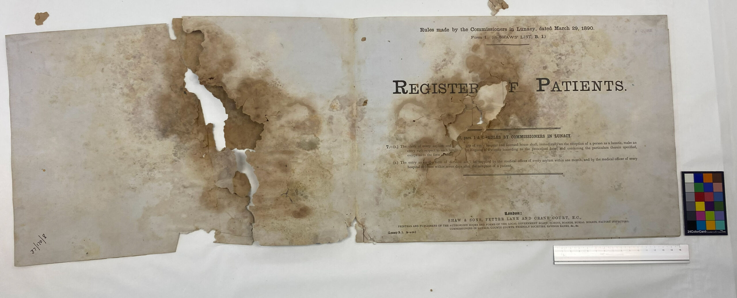 Double page with printed text on right, large hole and browning, left-hand page no text but in two segments with flaking and browning along damaged edges.
