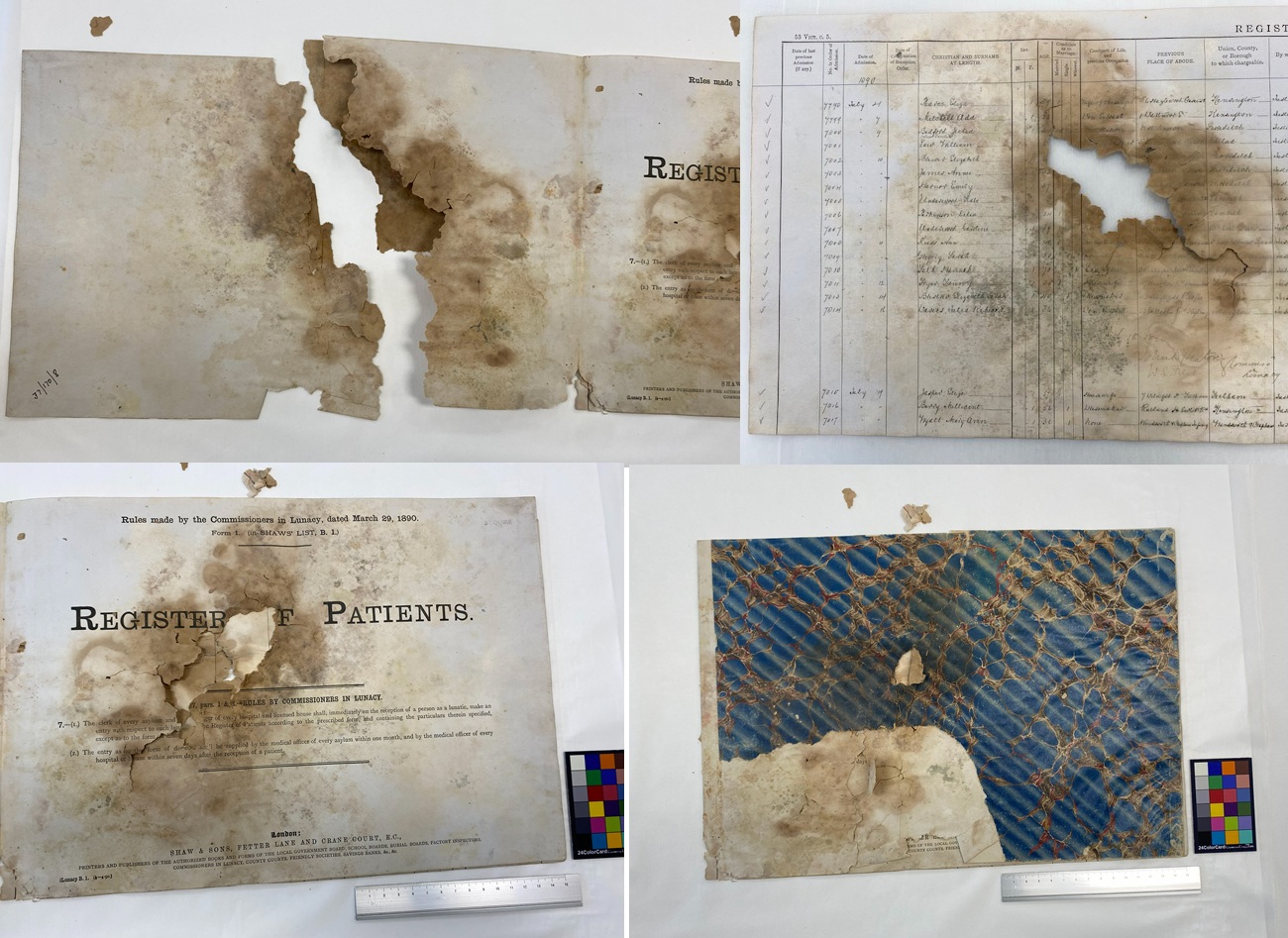 Four images. Top left: page split in two with browned split edges; top right: list of names and numbers within printed grid with a large hole and browning on page; bottom left: printed page titled Register of Patients with large hole with browning around edge; bottom right: blue and brown marbling with left corner torn away.