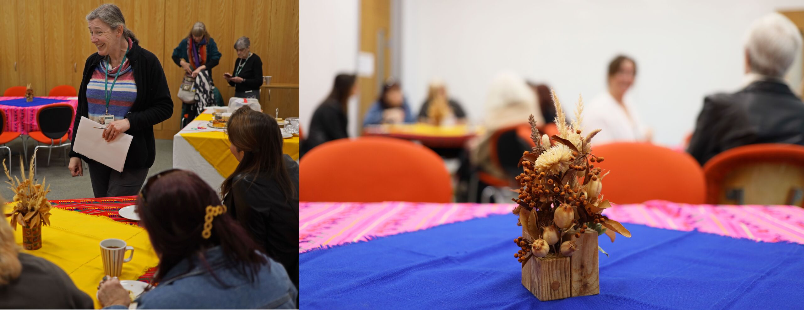 Left: smiling woman in striped jumper talks to seated group with cake and coffee mugs. Right: Table centre-piece with blurred figures seated and in conversation behind