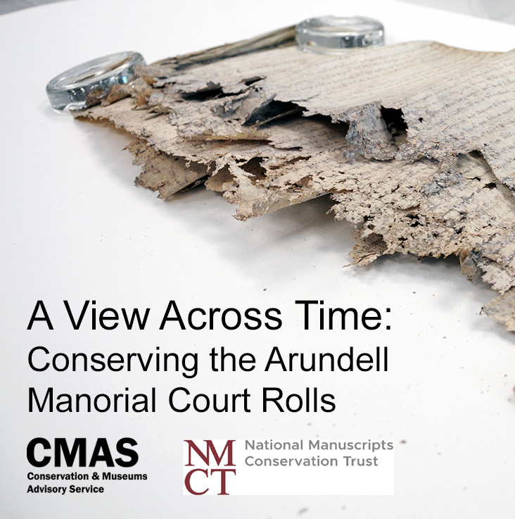 A picture of a parchment court roll before conservation, it is very damaged along the edge