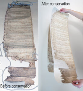 A comparison showing a court roll before and after conservation