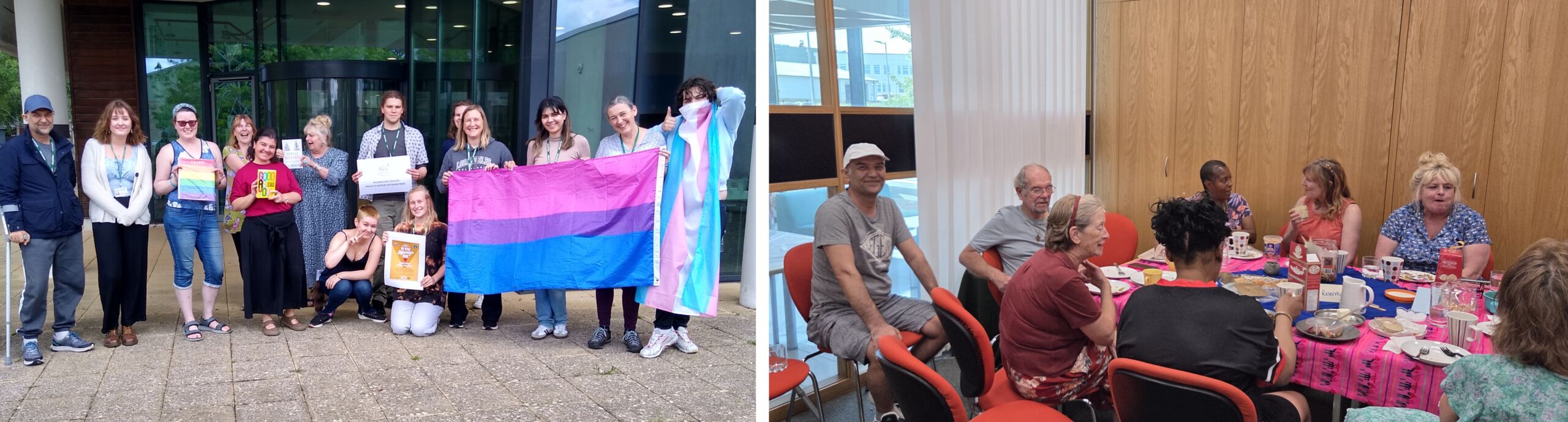 Left: group of smiling people holding coloured flags, and LGBTQ resources up, stood in front of a glass-fronted building. Right: seated group of smiling and chatting people with table full of refreshments 