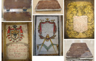Six image montage showing elaborate title pages to a book of maps with coloured coats of arms, and description of the scale with image of compass, description of process of making the survey and image of the brown leather cover.