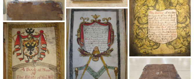 Six image montage showing elaborate title pages to a book of maps with coloured coats of arms, and description of the scale with image of compass, description of process of making the survey and image of the brown leather cover.