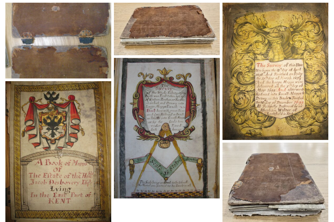 Six image montage showing elaborate title pages to a book of maps with coloured coats of arms, and description of the scale with image of compass, description of process of making the survey and image of the brown leather cover.