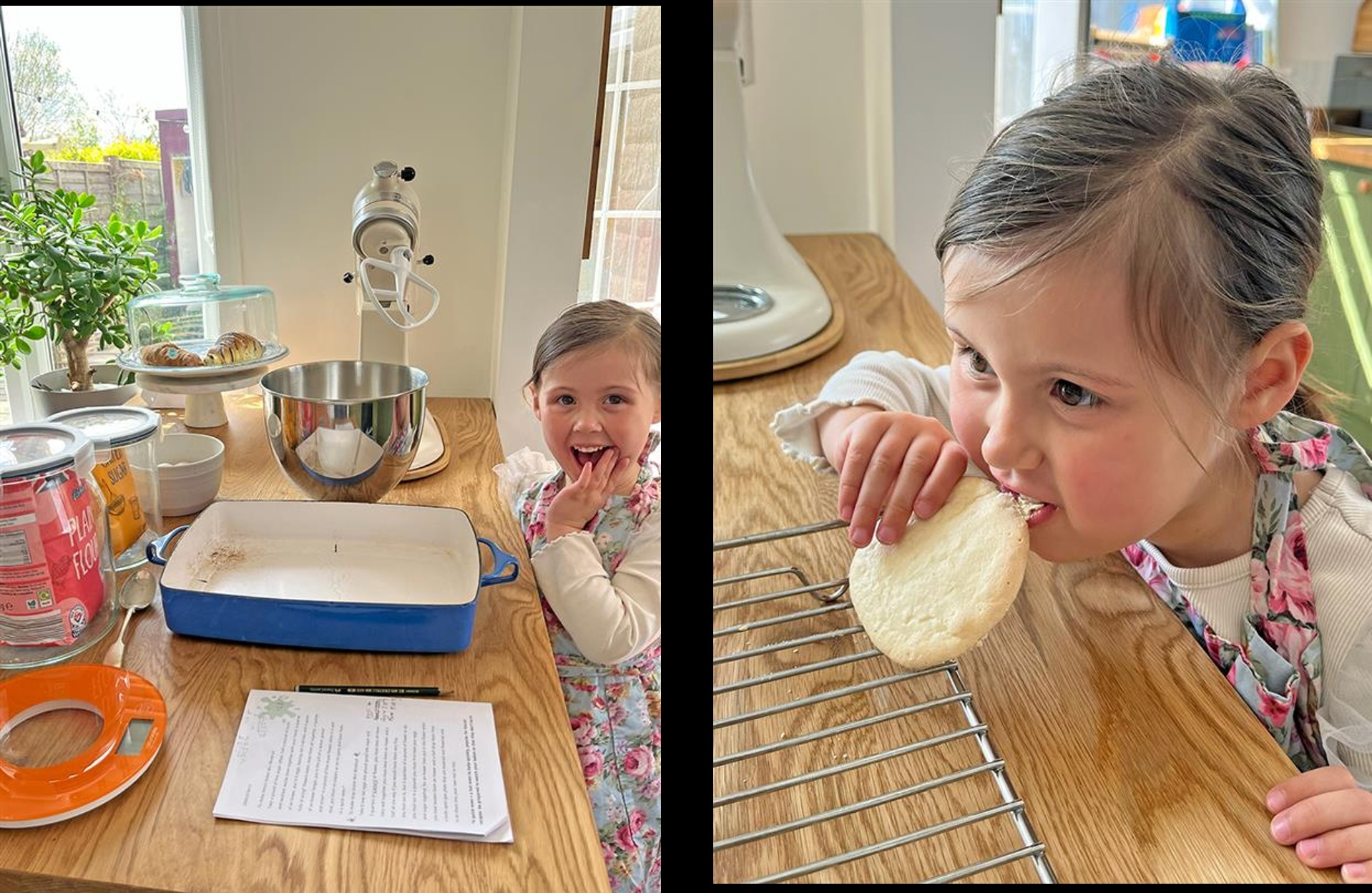 Left: a young girl with big smile stands next to a kitchen table with recipe, baking dish and food processor. Right: Child biting a pale round biscuit