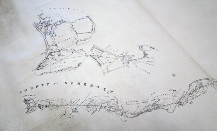 Portion of linear route map stretching from the City of Bath towards Bradford on Avon (with additional plan with the section for the city of Bath enlarged. The linear route is titled Count of Somerset.