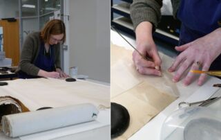 Left: conservator working on large paper map. Right: close-up of conservator applying stabilising layer to paper map.