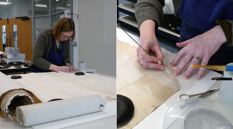 Left: conservator working on large paper map. Right: close-up of conservator applying stabilising layer to paper map. 