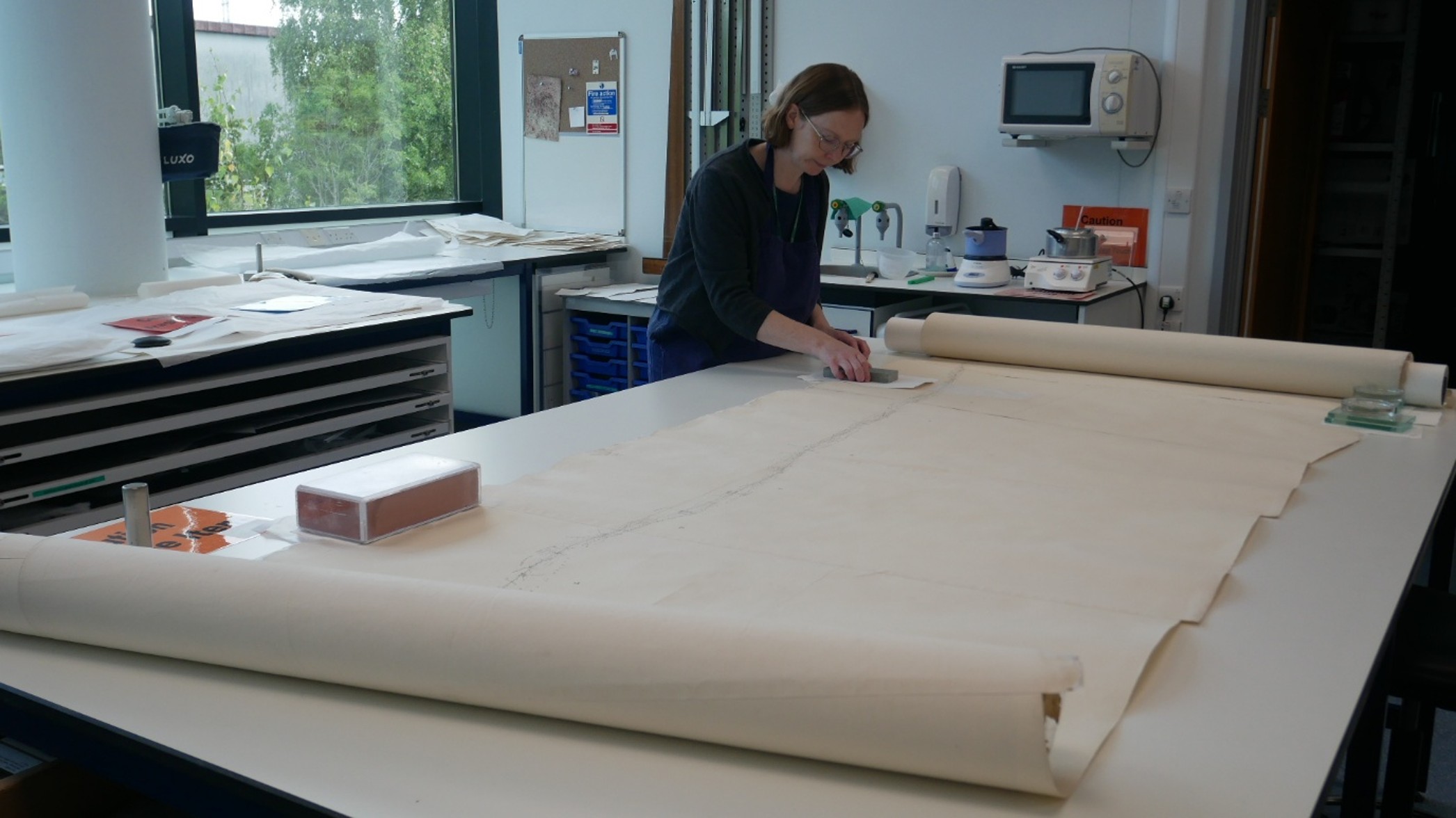 Large rolled paper map with linear route mostly unrolled on large white table in a conservation studio, and conservator with short brown hair and glasses working on it.