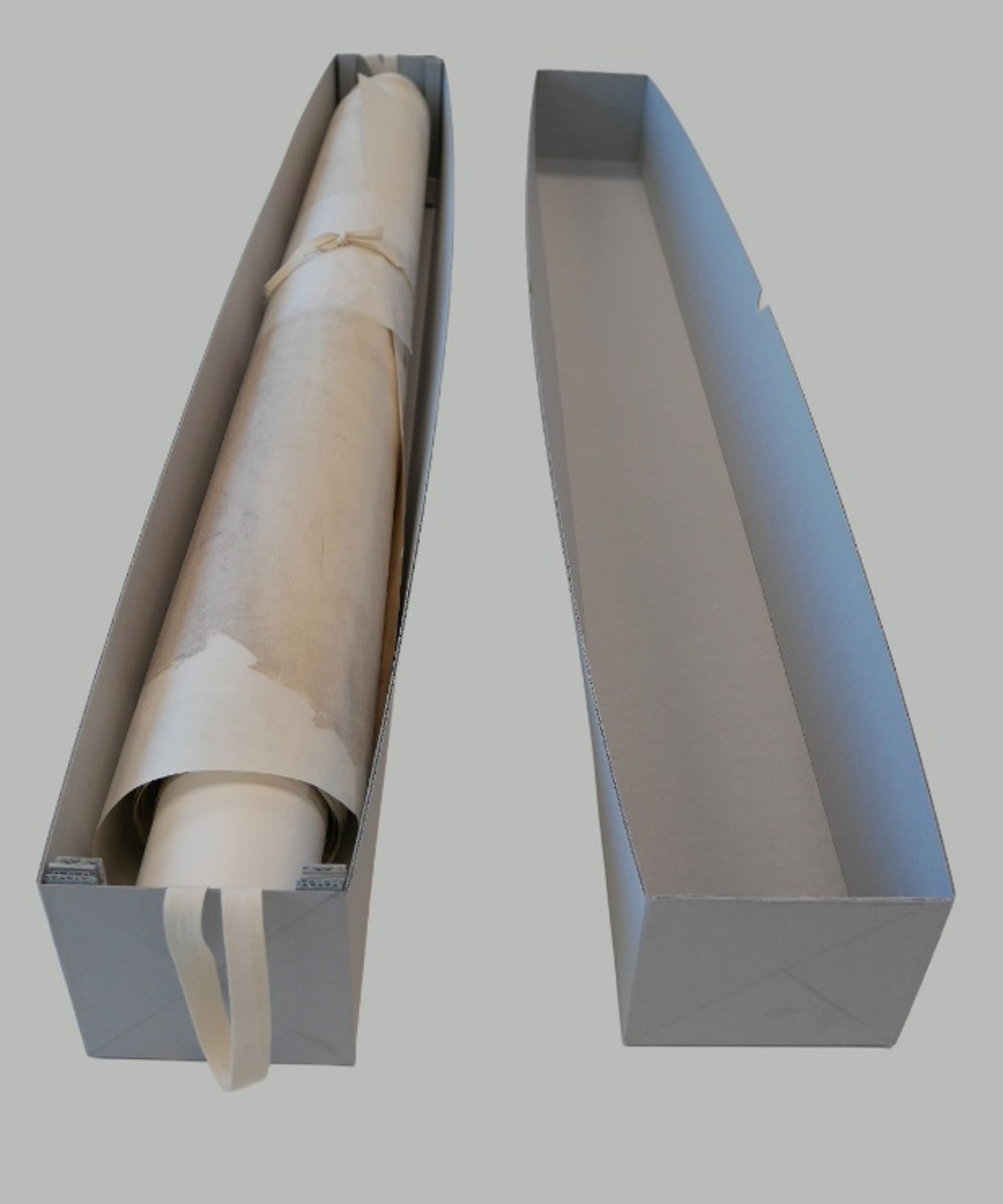 Rolled map in long, custom-made archive box with archive tape in place ready for lifting.