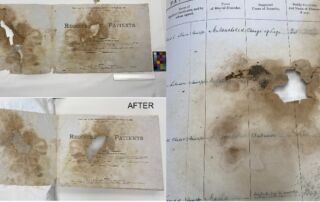 Left-hand image shows before and after conservation work (after shows hole in paper has been stabilised with additional think layer of tissue). Right-hand image shows close-up large, flaking hole in paper.